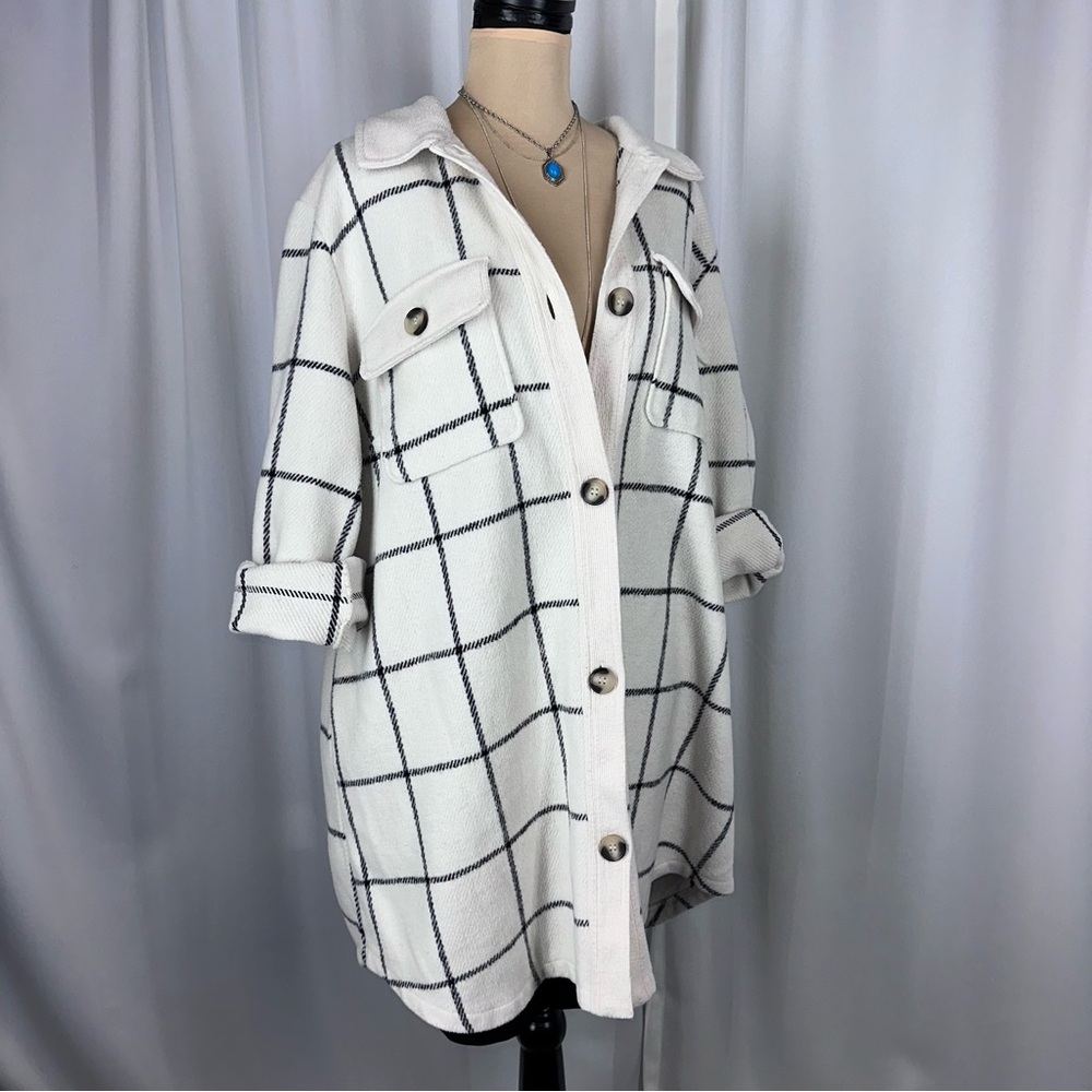 MELLODAY Black & Ivory Plaid Heavy Shacket Sz 2X Flannel Long Pockets Utility